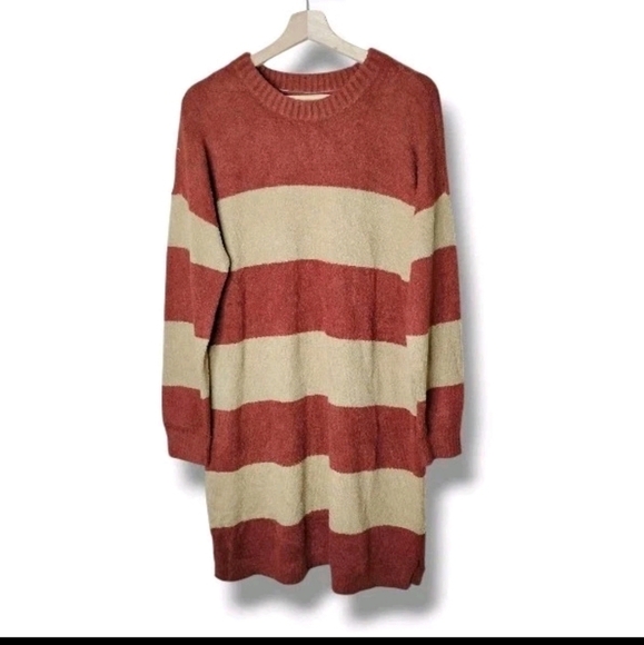 Lands’ End Striped Sweater Dress L Red Beige Cozy Knit Preppy Fall Winter Outfit - Picture 2 of 7